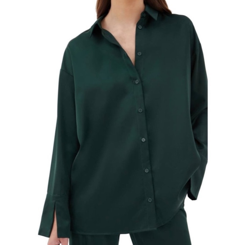 4th & Reckless Shirt Womens XS Forrest Hunter Green Long Sleeve Silky Satin